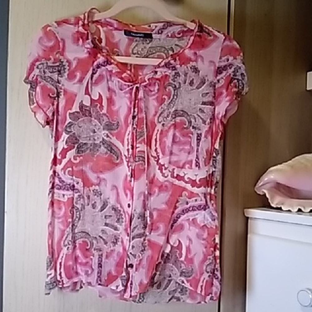 TAHARI Chic Paisley Pink SILK Blouse Sz M